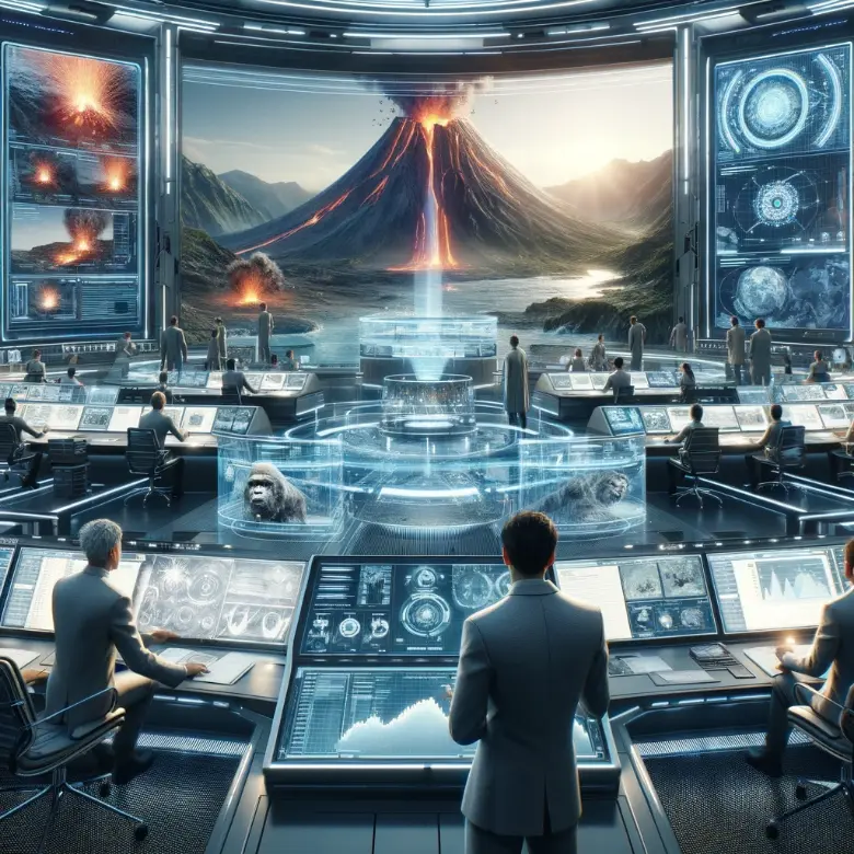 a futuristic scene depicting scientists predicting and preparing for volcanic activity. the setting is a high tech control center